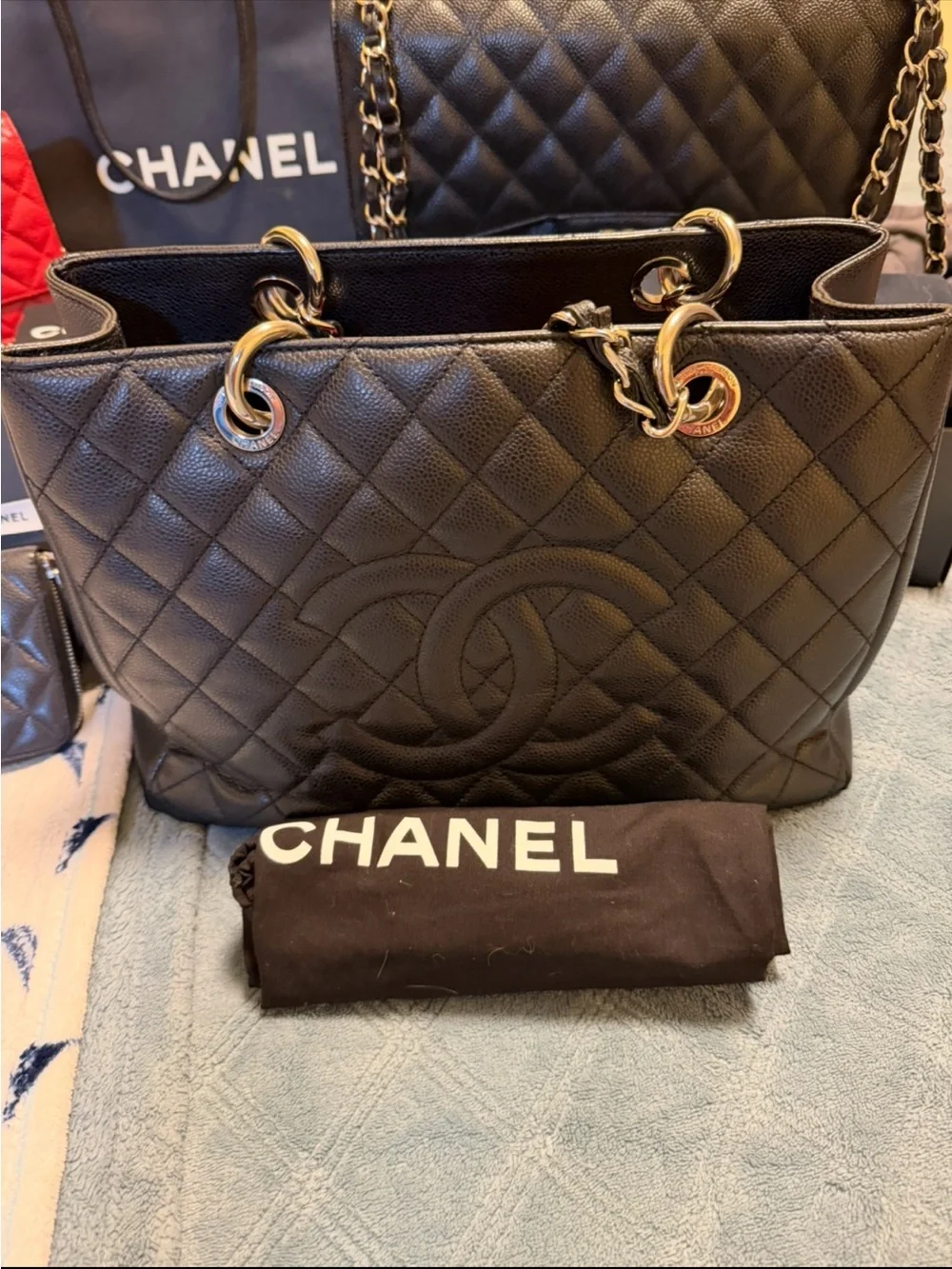 CHANEL Black Quilted Caviar Leather Shoulder Bag with Silver Chain Straps/ GST